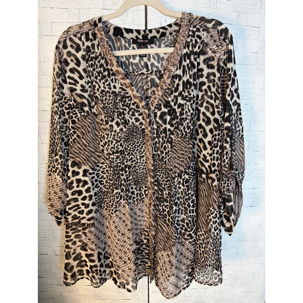 Style‎ and Co women’s blouse sheer animal print embroidered tunic plus size
